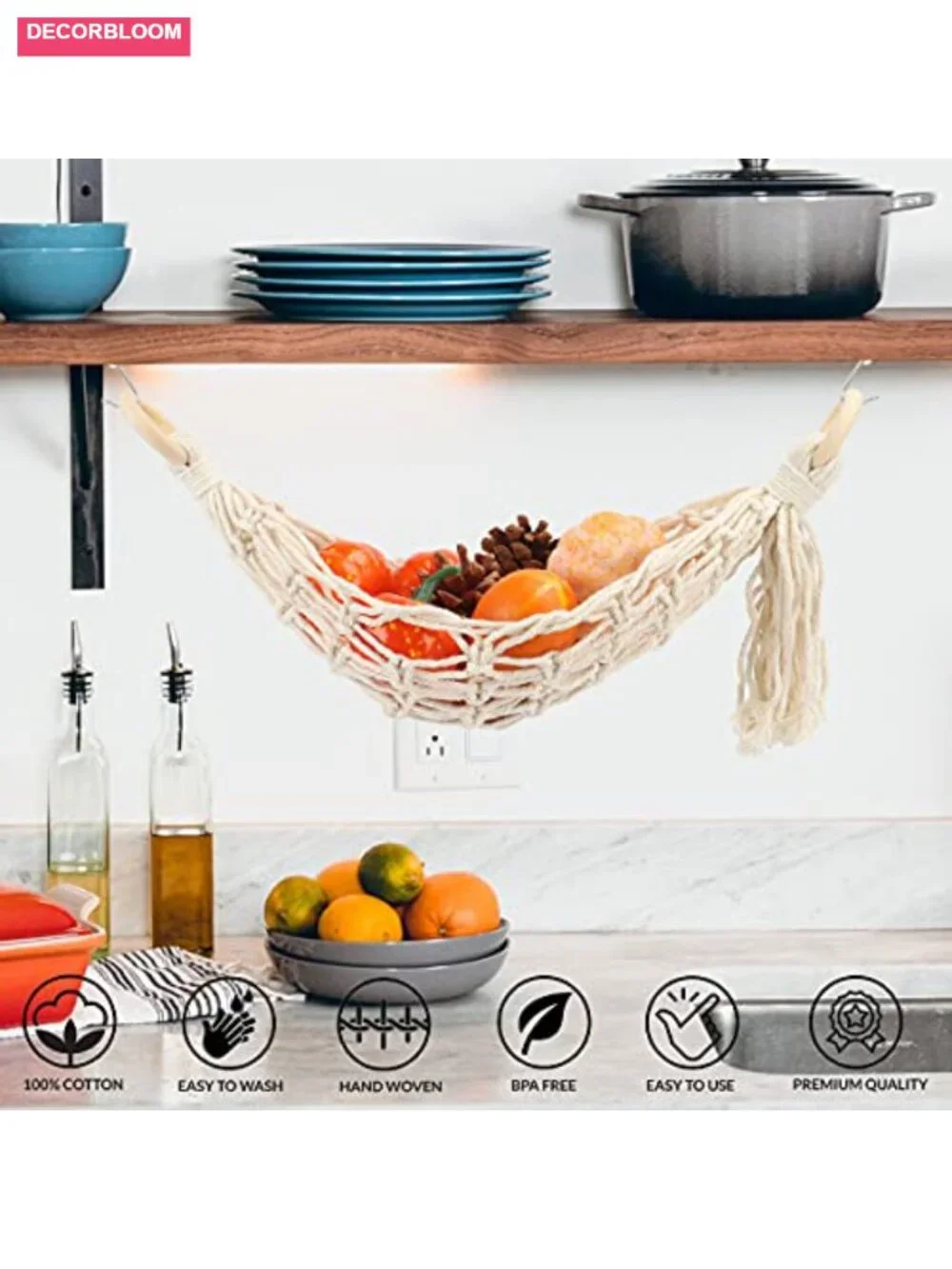 Cotton Hanging Fruit Hammock Under Cabinet Storage with Hooks